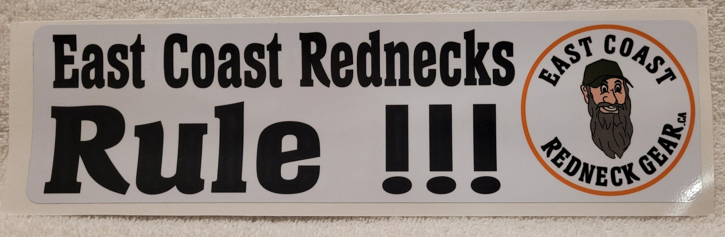 Sticker with 'East Coast Rednecks Rule!!!' text on a textured surface