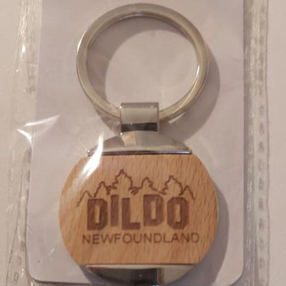 Round Wood and Chrome Key Chain With Dildo Hill Sign Logo