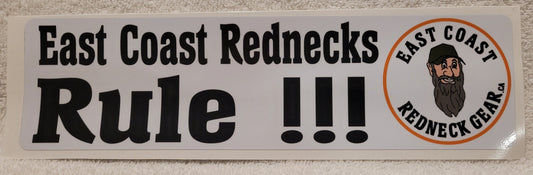 Sticker with 'East Coast Rednecks Rule!!!' text on a textured surface